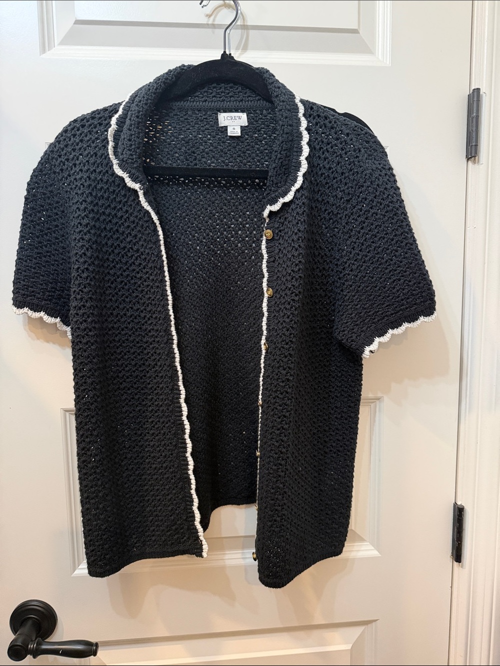 J. Crew Black Short-Sleeve Crochet Cardigan with White Scallop Trim